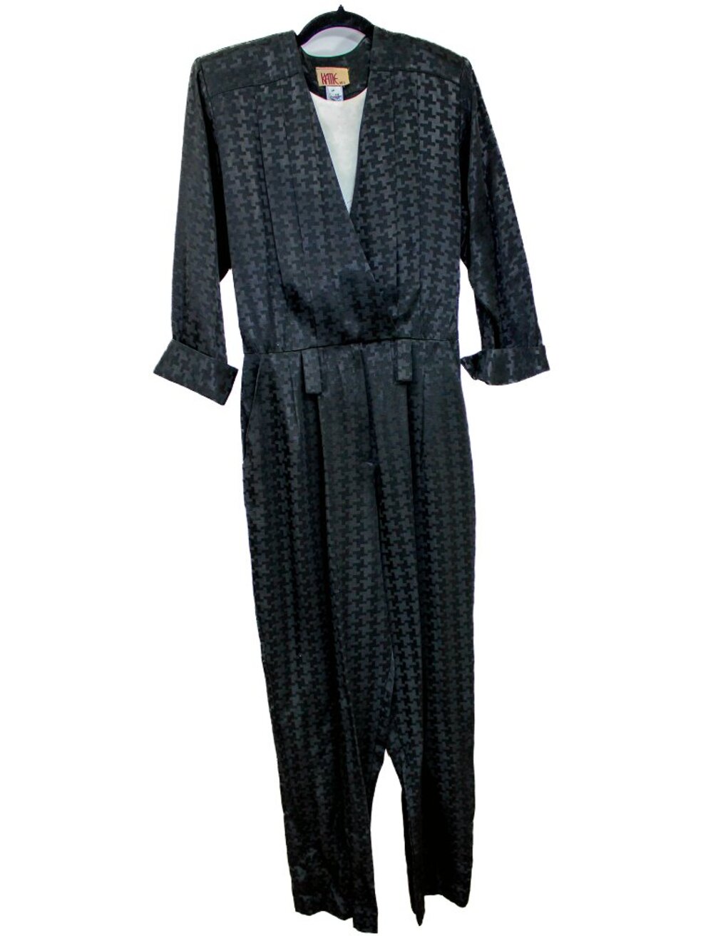 VINTAGE KATIE‎ MFG Medium Black Jumpsuit 80s Pleated Party Houndstooth Rayon